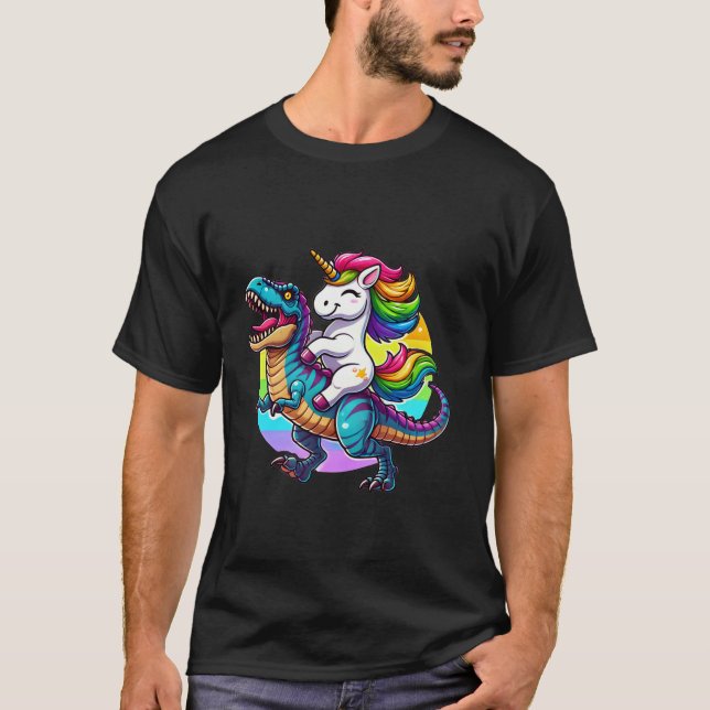 Funny Unicorn Riding Dinosaur T Rex Rainbow Duo Ad T-Shirt (Vorderseite)