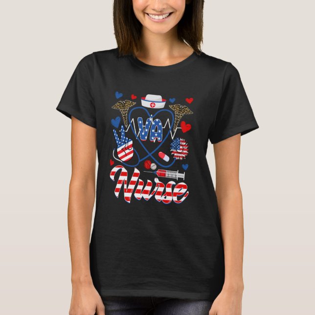 Funny VA Nurse Leopard Sunflower American Flag 4. T-Shirt (Vorderseite)