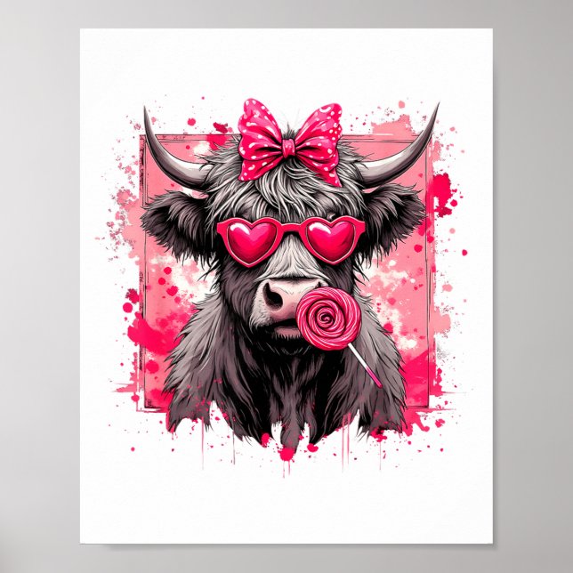 Funny Valentine Highland Cow Lollip Heart Art Nk L Poster (Vorne)