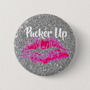 Funny Valentines Bright Pink Kiss Silver Glitter Button