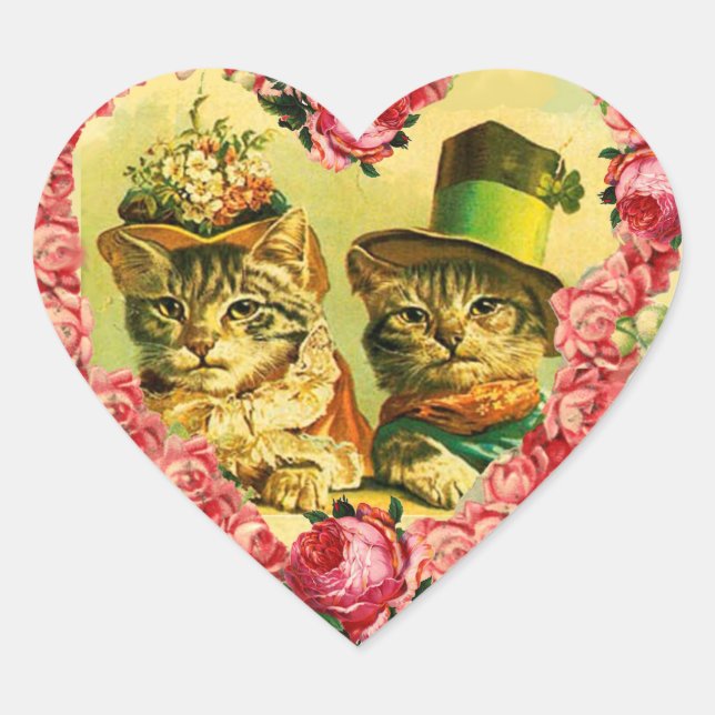 FUNNY VALENTINE'S DAY CATCATS MIT PINK ROSE HERZ Herz-Aufkleber (Vorderseite)