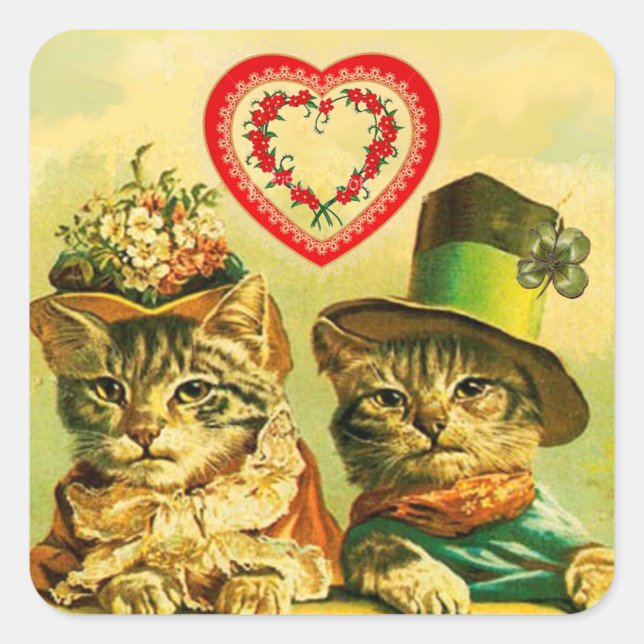FUNNY VALENTINE'S DAY CATCATS MIT ROTEM BLUMENHERZ QUADRATISCHER AUFKLEBER (Vorderseite)