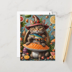 Funny Vampire Katze Mit Fisch im Pilz Postkarte