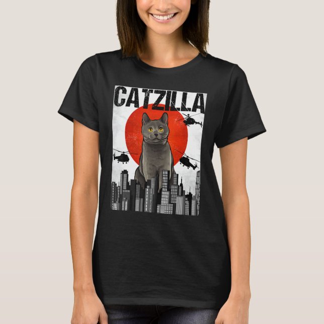 Funny Vintag Catzilla Chartreux Cat T-Shirt (Vorderseite)