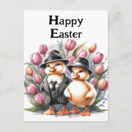 Funny Vintag Oaster Ducklings in Anzugs Pink Tulip Postkarte