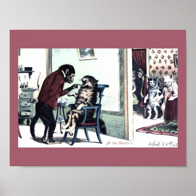 Funny Vintag Print Monkey Dentist w/Cat Patienten Poster (Vorne)