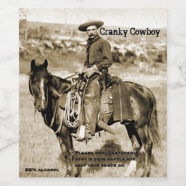 Funny Vintage Image Cranky Cowboy Weinetikett (Einzelnes Label)