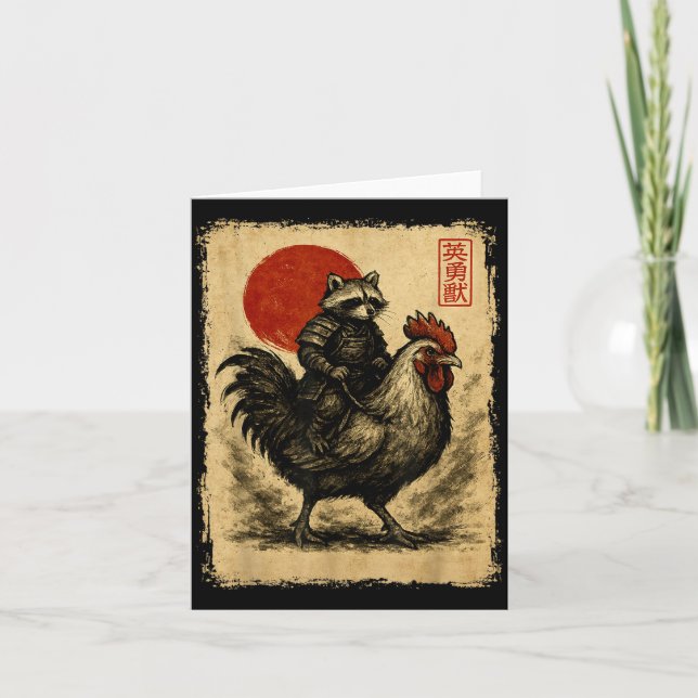 Funny Vintage Raccoon Rooster Chicken Japanese Uki Karte (Vorderseite)