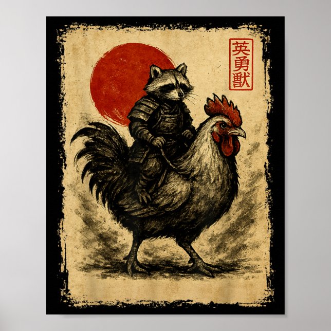 Funny Vintage Raccoon Rooster Chicken Japanese Uki Poster (Vorne)