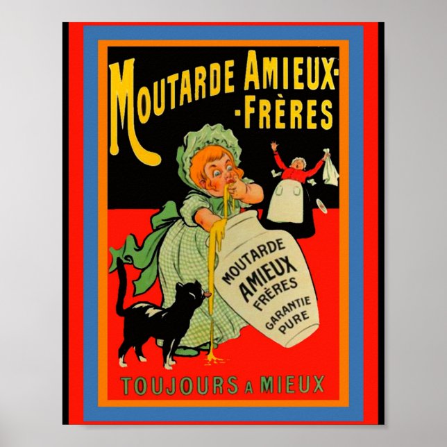 Funny Vintager Senf Moutarde Ad Girl, Katze Poster (Vorne)