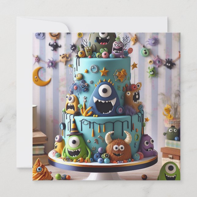FUNNY WACKY MONSTER CAKE BIRTHDAY EINLADUNG (Vorderseite)