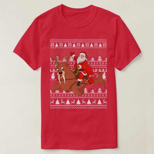 Funny Walrus Lover Santa Riding Walrus Ugly Christ T-Shirt (Design vorne)