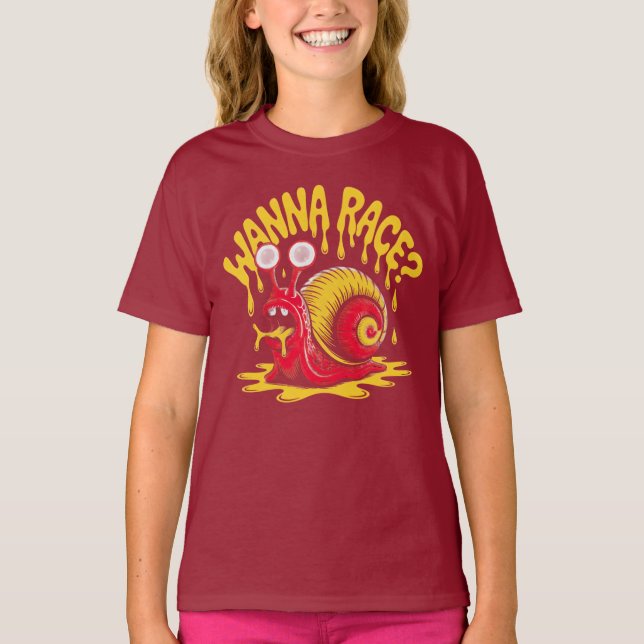 Funny "Wanna Race?" Cute Snail Humor Kids T-Shirt (Vorderseite)