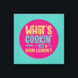 Funny Was kocht Gute Küche Retro Kunst Leinwanddruck<br><div class="desc">Bunte Typografie mit Retro und lebhaften Farben. Die sonnigen Punts und Zitate über Essen,  Kochen,  Backen und Essen. Perfekte Dekoration für Ihre Küche,  Ihr Abendessen,  Café,  Bäckerei oder Restaurant. Die Hintergrundfarbe (Kreis und Quadrat) ist über das Design Tool anpassbar.</div>