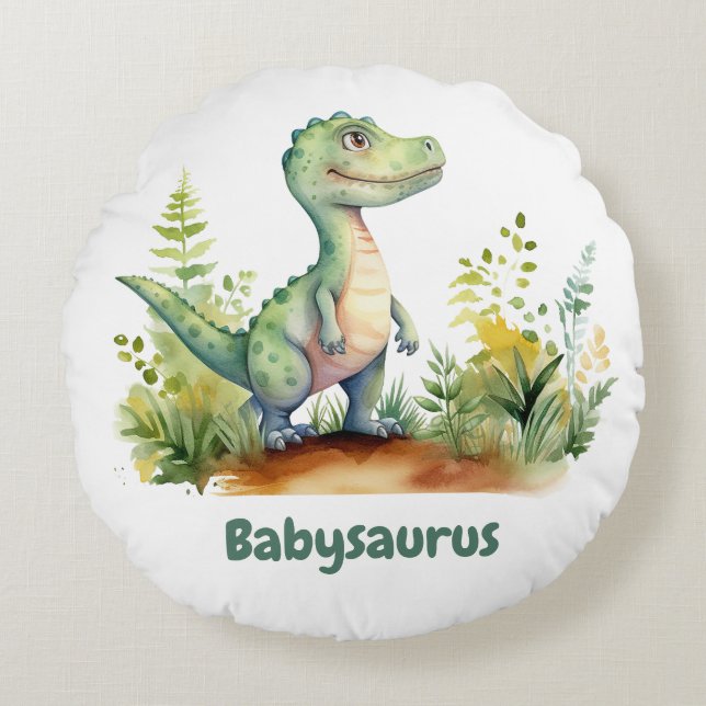 Funny Watercolor Baby Dinosaurier Personalisiert Rundes Kissen (Vorderseite)