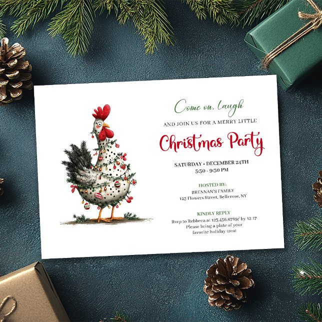 Funny Watercolor Chicken Festive Christmas Invite Einladung (Funny Watercolor Chickens Festive Christmas Invite)