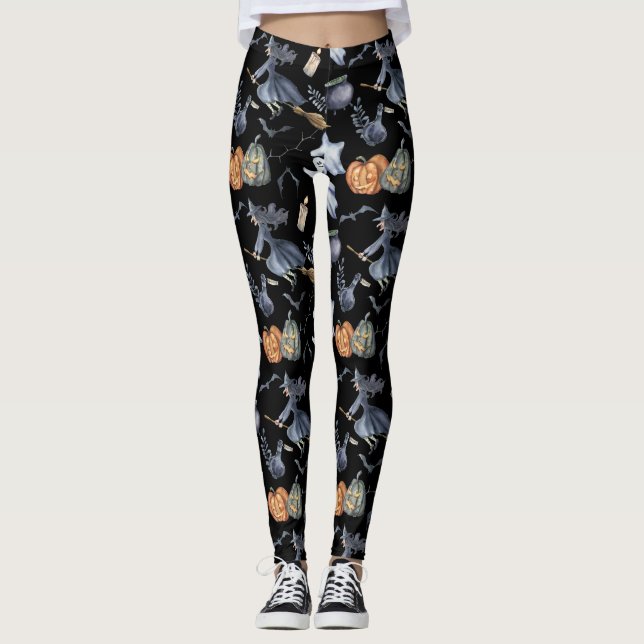 Funny Watercolor Hexenkürbis Halloween Leggings (Vorderseite)