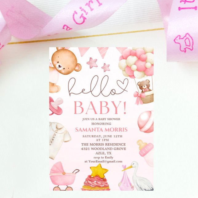 funny watercolor pink teddy bear girl baby shower  einladung (Von Creator hochgeladen)