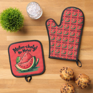 Funny Watermelon Pun "Melon-choly No more" Ofenhandschuh & Topflappen-Set