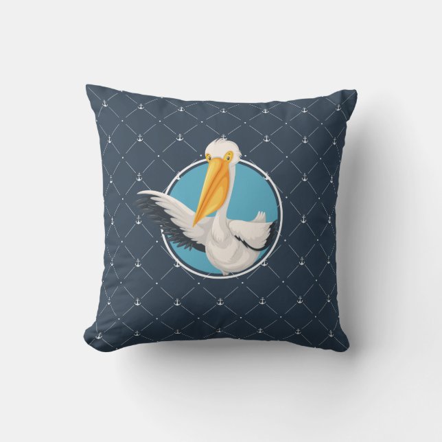 Funny Waving Pelican Navy Nautical Pattern Kissen (Vorderseite)