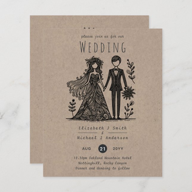 Funny Wedding Cartoon Bride Groom Handgezeichnet (Vorne/Hinten)