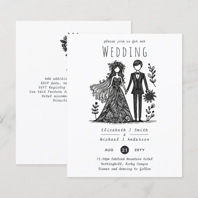 Funny Wedding Cartoon Bride Groom Handgezeichnet (Vorne/Hinten)