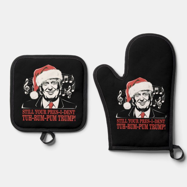 Funny Weihnachts Präsident Trump Pajamas Ugly Xmas Ofenhandschuh & Topflappen-Set (Vorderseite)