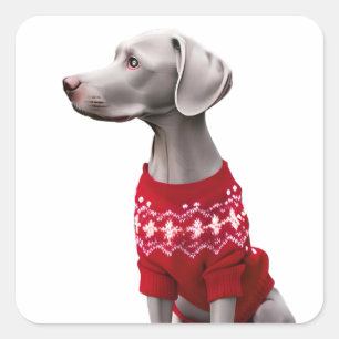 Funny Weimaraner in Weihnachts-Sweater Quadratischer Aufkleber
