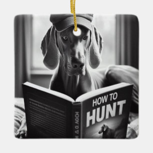 Funny Weimaraner liest ein Buch über die Jagd Keramikornament
