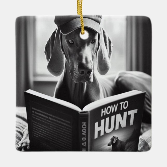 Funny Weimaraner liest ein Buch über die Jagd Keramikornament (Vorderseite)