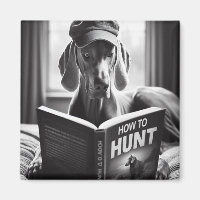 Funny Weimaraner liest ein Buch über die Jagd