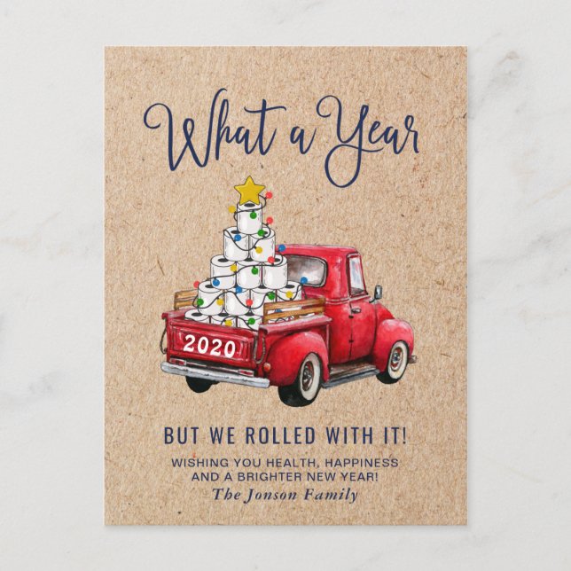 Funny What a Year Christmas Red Farm Truck Postkarte (Vorderseite)