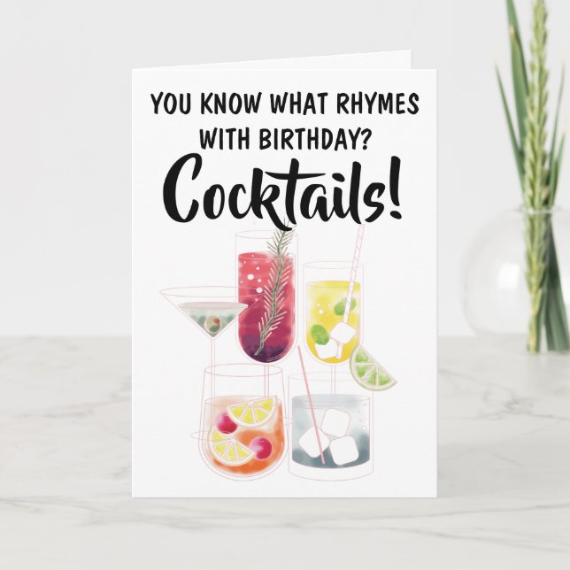 Funny What Rhymes with Birthday, Cocktails Karte (Vorderseite)