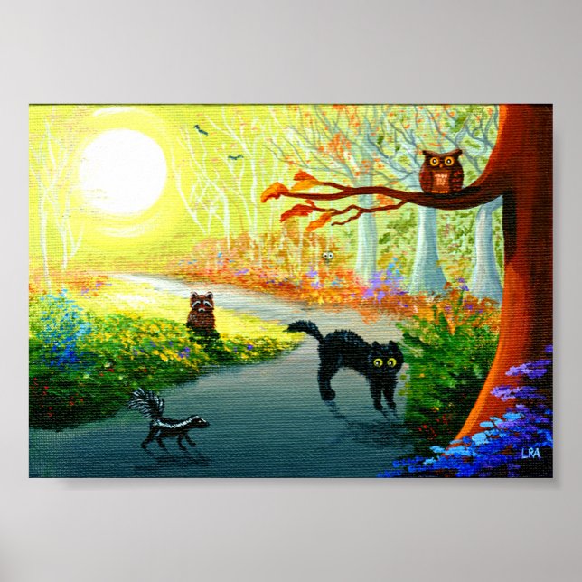 Funny Whimsical Cat Owl Skunk Raccoon Forest Poster (Vorne)