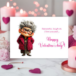 Funny Whimsical Lady Hot Pink Joy Valentine Feiertagskarte