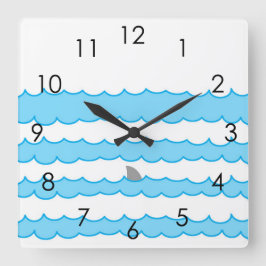 Funny Whimsical Shark Fin on Water Illustration Quadratische Wanduhr