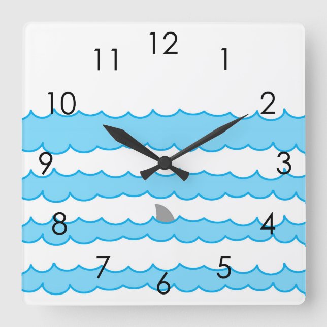 Funny Whimsical Shark Fin on Water Illustration Quadratische Wanduhr (Vorderseite)