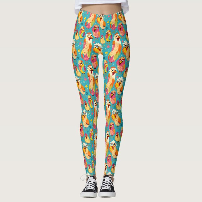 Funny Whimsisical Cartoon Abstrakte Hühner Leggings (Vorderseite)