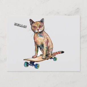 Funny Whimsisical Cat Skateboarding Postcard Postkarte
