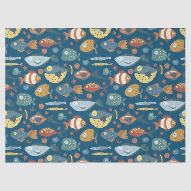 Funny Whimsisiean Sea Fish Blue Muster Seidenpapier (Vorderseite)