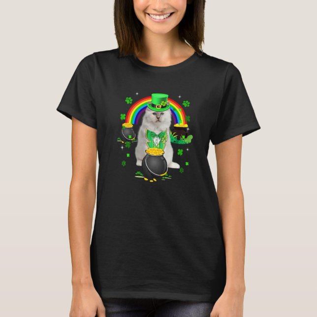 Funny White Cat Leprechaun Kleeblatt St. Patrick's T-Shirt (Vorderseite)