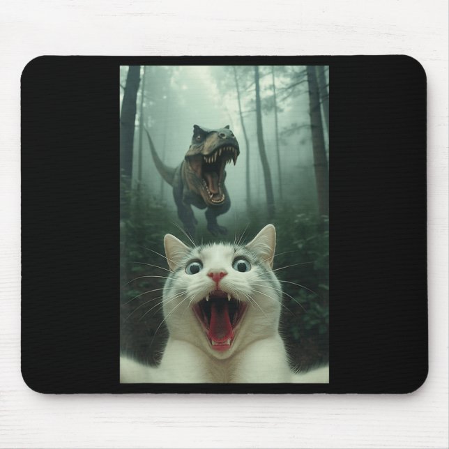 Funny White Cat Selfie With T-rex Dinosaur, Cat Ki Mousepad (Vorne)