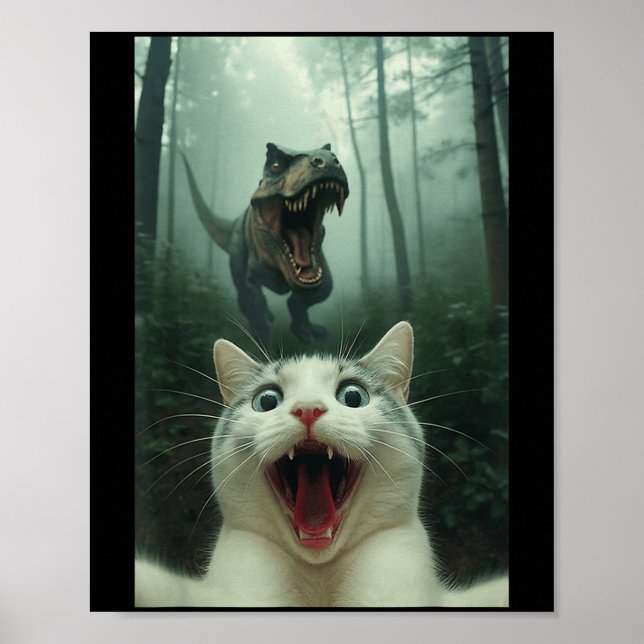 Funny White Cat Selfie With T-rex Dinosaur, Cat Ki Poster (Vorne)