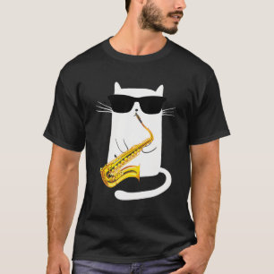 Funny White Cat Tragende Sonnenbrille Saxopho spie T-Shirt