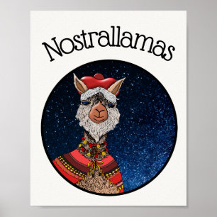 Funny White Kawaii Nostradamus Llama Cartoon Poster