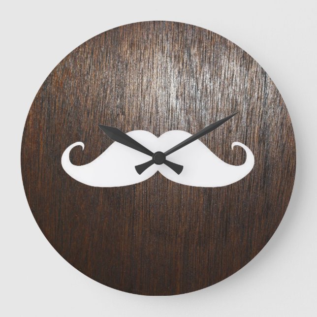 Funny White Mustache auf Eichenholzhintergrund Große Wanduhr (Vorderseite)
