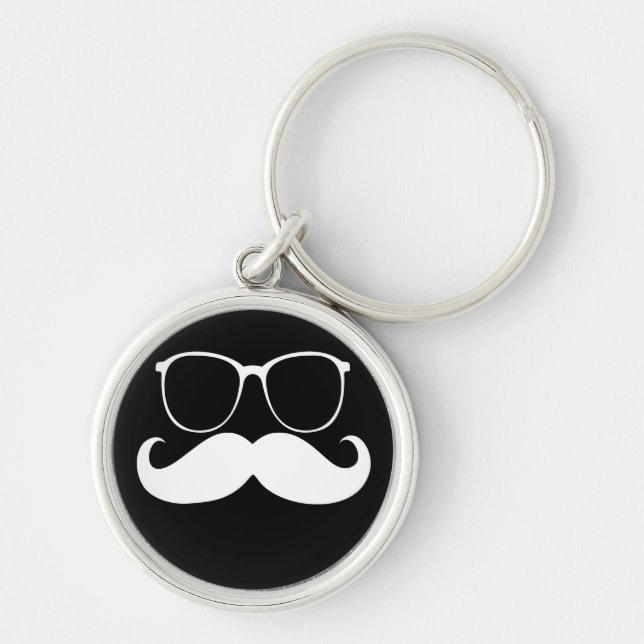 Funny White Mustache Brille auf schwarzem Hintergr Schlüsselanhänger (Vorne)