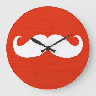 Funny White Mustache über Orange Red Große Wanduhr