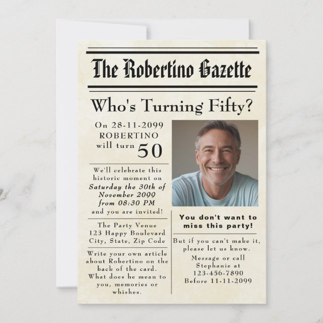 Funny Who's Turn 50 Newspaper 50 th Birthday Einladung (Vorderseite)