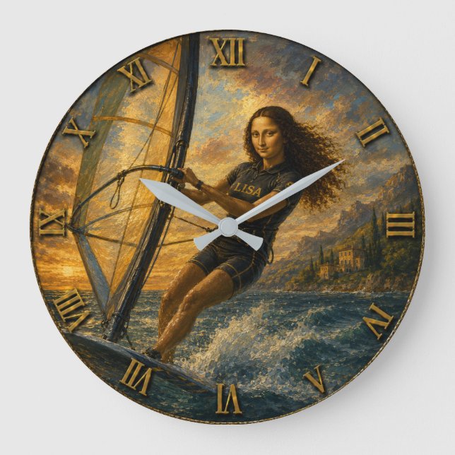 Funny Windsurfing Mona Lisa Sailing Ocean Gift Große Wanduhr (Vorderseite)